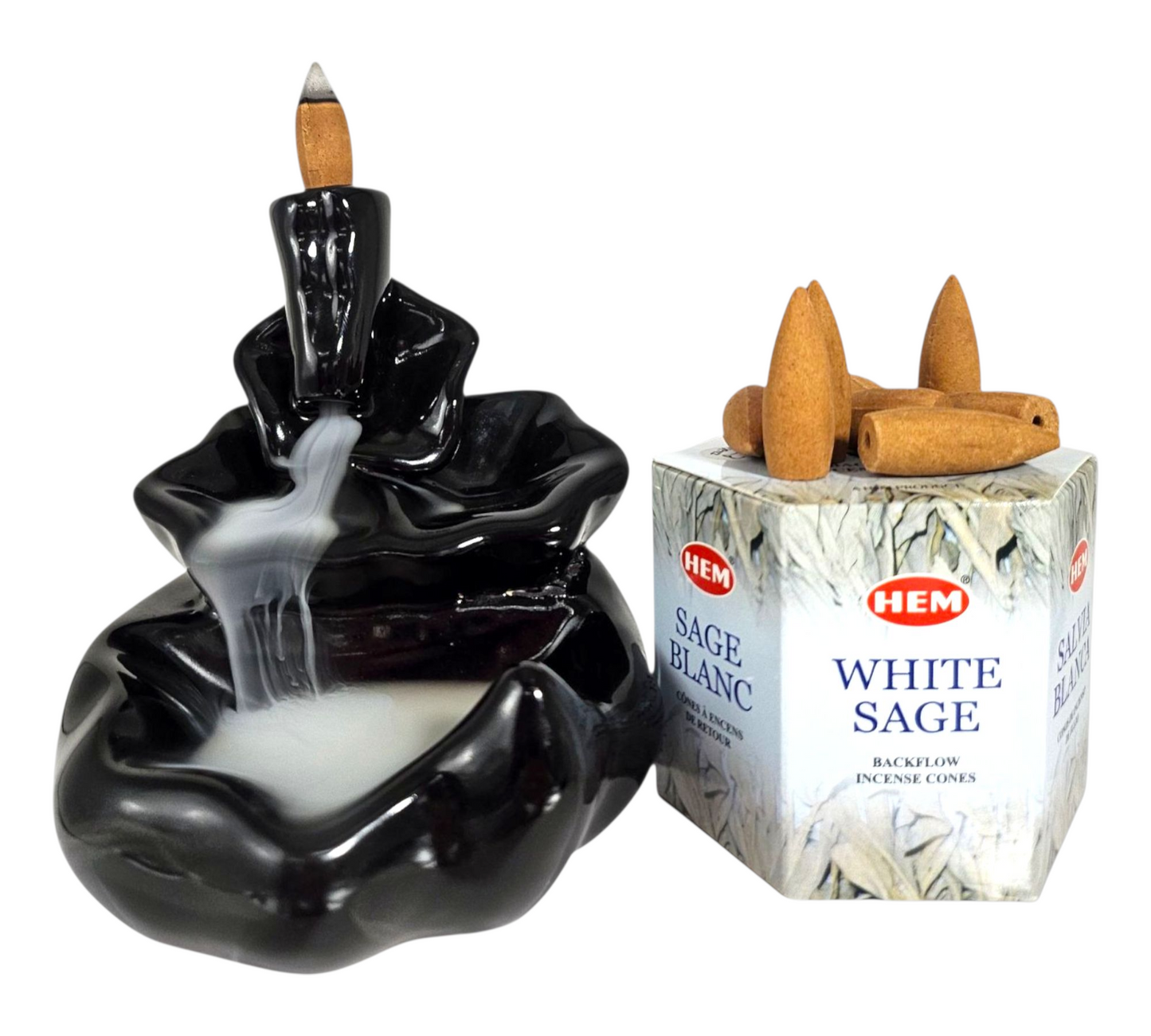 WATERFALL Backflow Incense Burner+WHITE SAGE Backflow Incense Cones COMBO