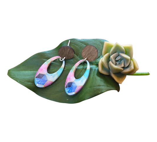 RAINBOW CUBES/WOOD HOLLOW OVAL EARRINGS (In Wooden Gift Box) — view 2