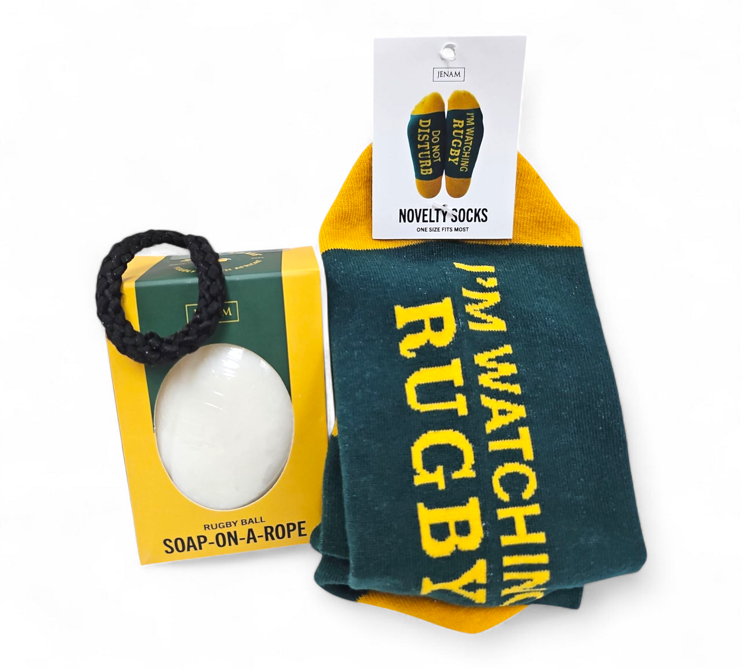RUGBY BALL SOAP-ON-A-ROPE & NOVELTY RUGBY SOCKS DUO