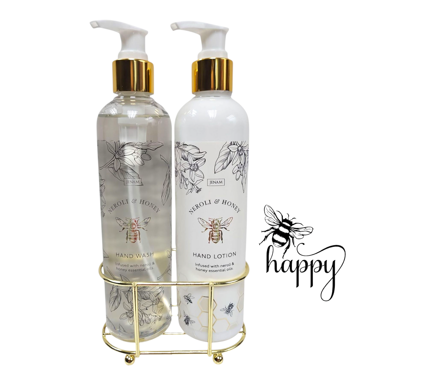 Neroli & Honey HAND WASH and HAND LOTION Duo on Gold Stand