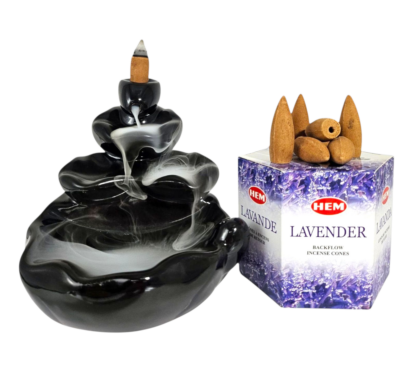 WATERFALL Backflow Incense Burner+LAVENDER Backflow Incense Cones COMBO