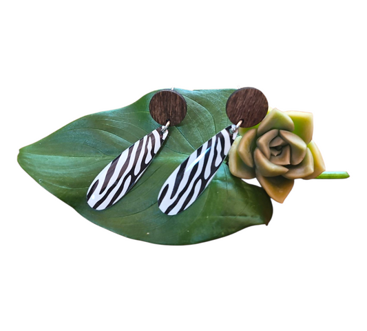 ZEBRA/WOOD SLIM DROP EARRINGS (In Wooden Gift Box) — view 2