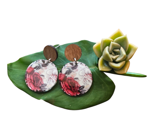 CLASSIC ROSE/WOOD ROUND EARRINGS (In Wooden Gift Box) — view 2