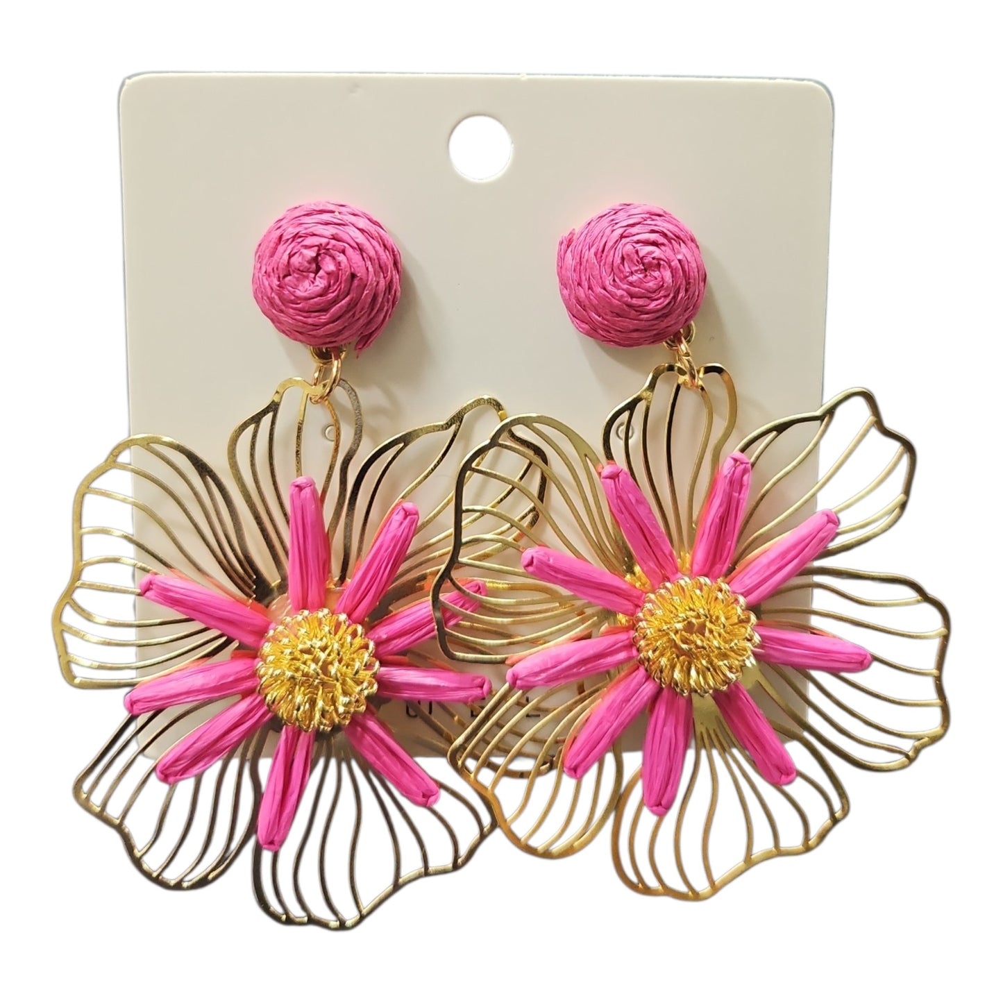 Woven Daisy on Metal Floral Backing Hanging Earrings Set (Pink)