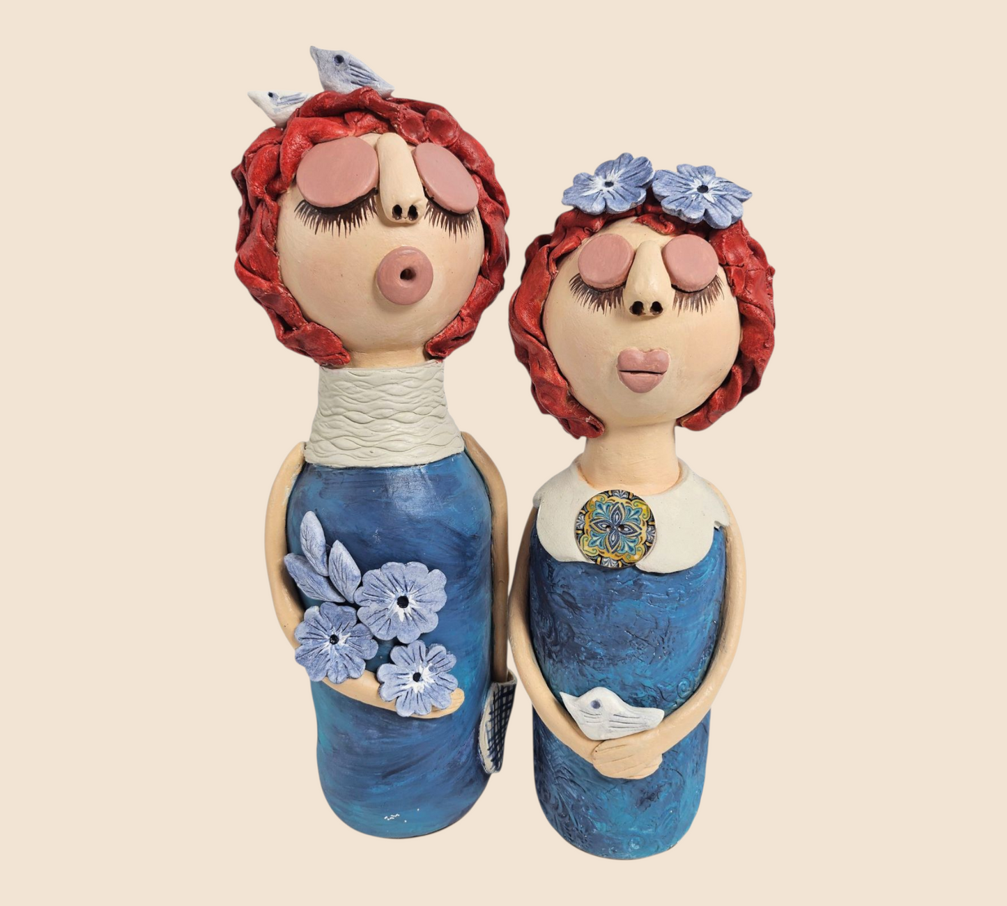Handcrafted Clay Figurine Set 'Songbirds in Bloom'