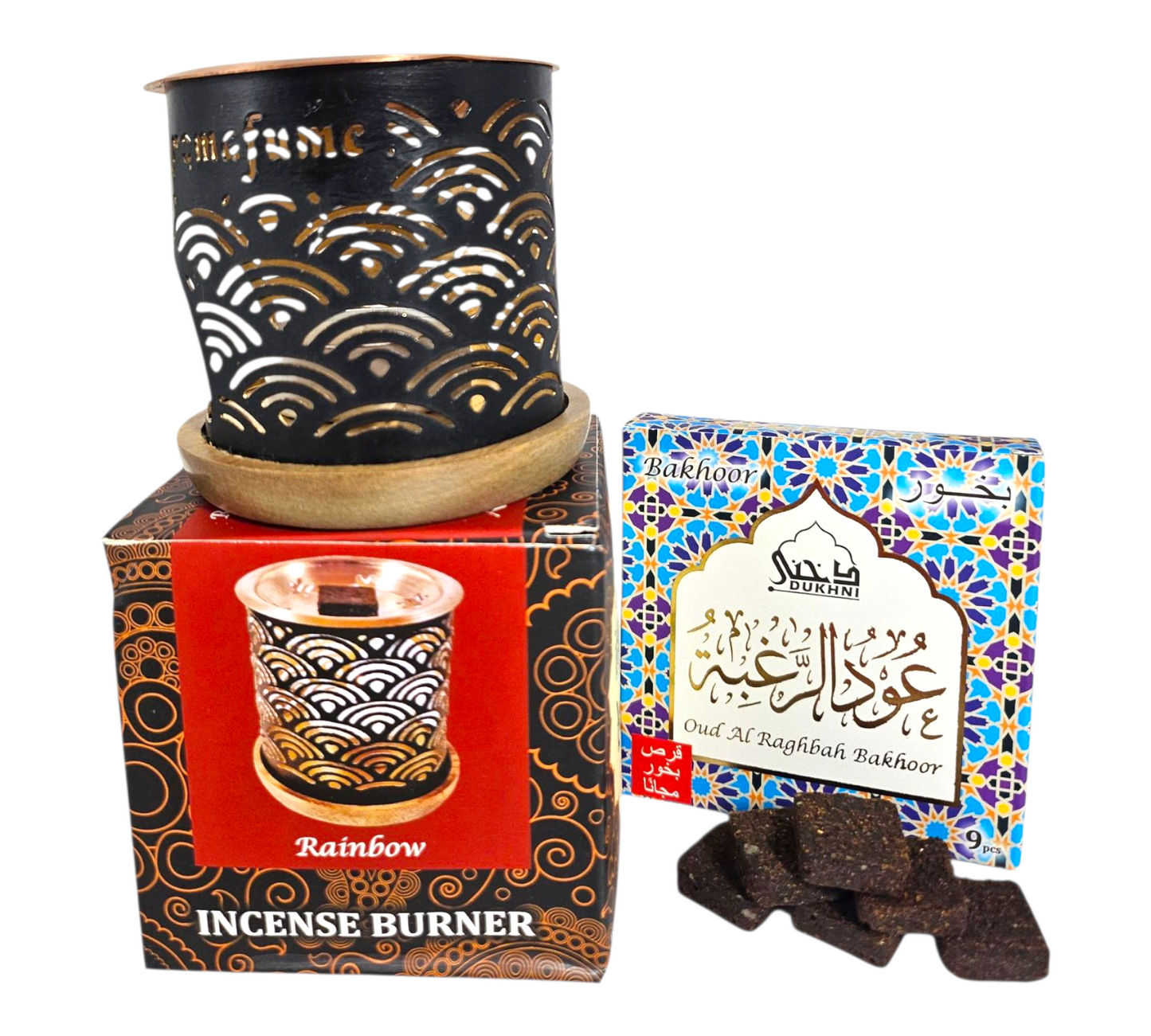 INCENSE BRICKS BURNER+Oud Al Raghbah BAKHOOR BRICKS Pack COMBO.