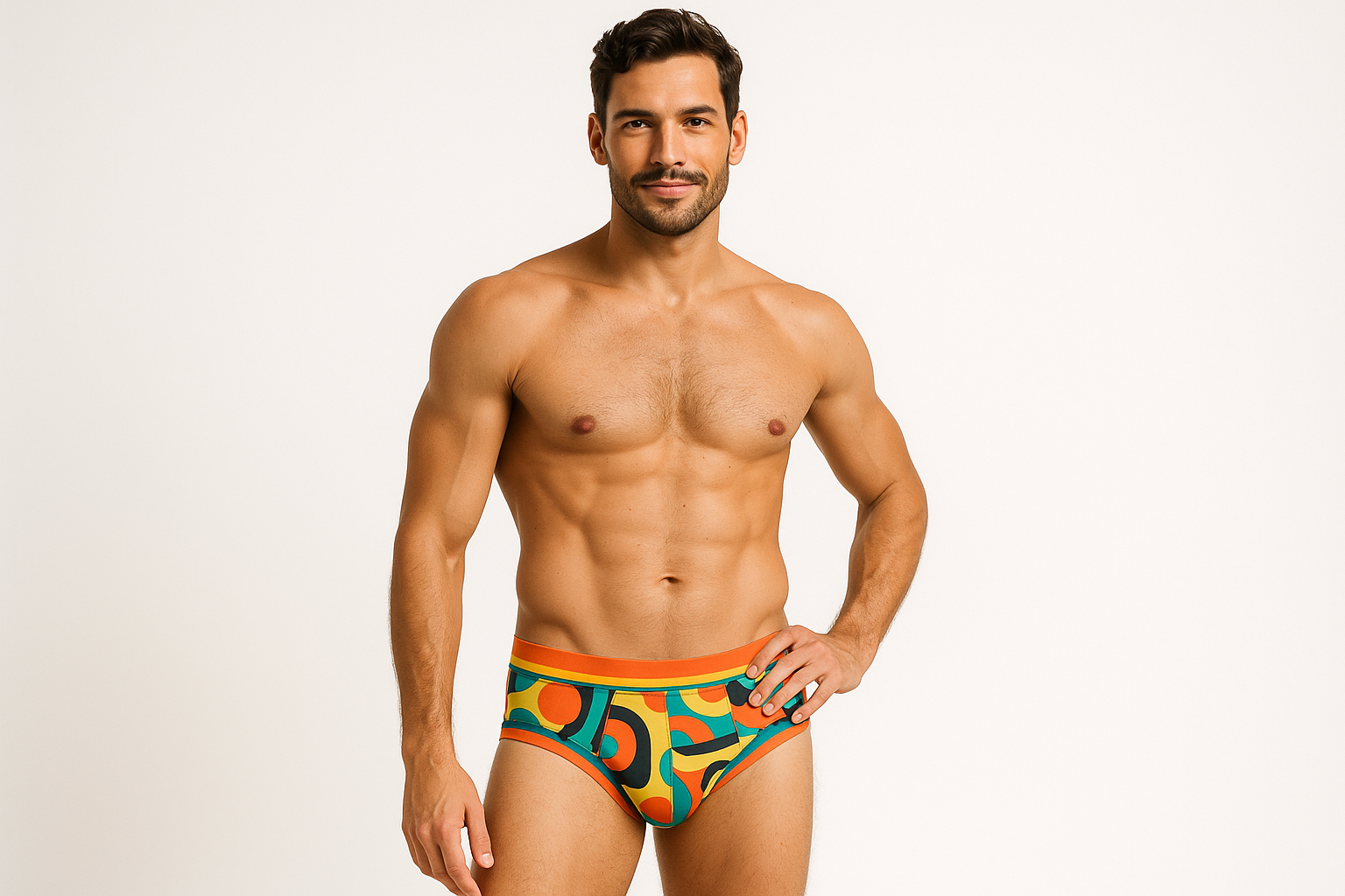 A guy model wearing funky retro briefs