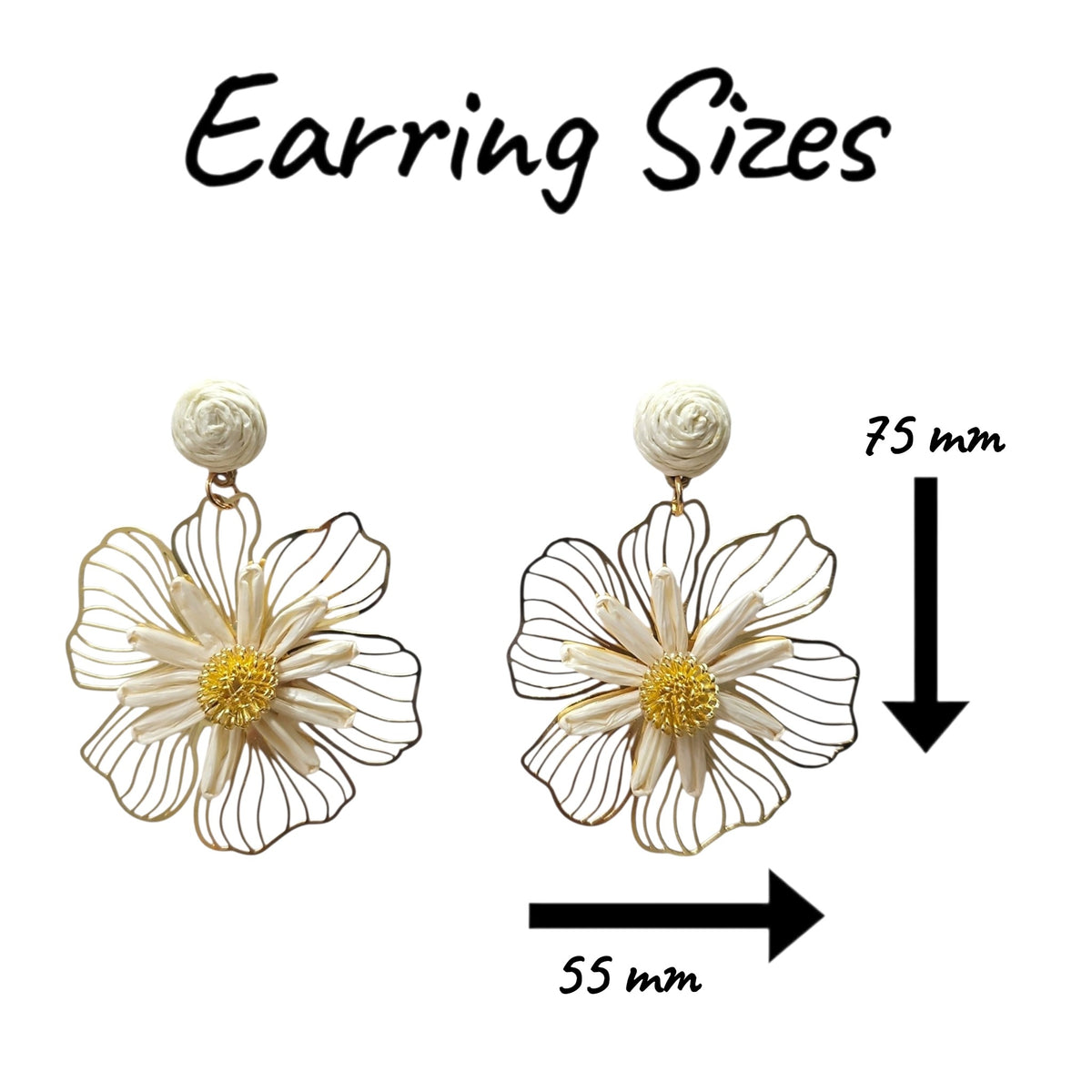 Woven Daisy on Metal Floral Backing Hanging Earrings Set (Off-White) — view 2