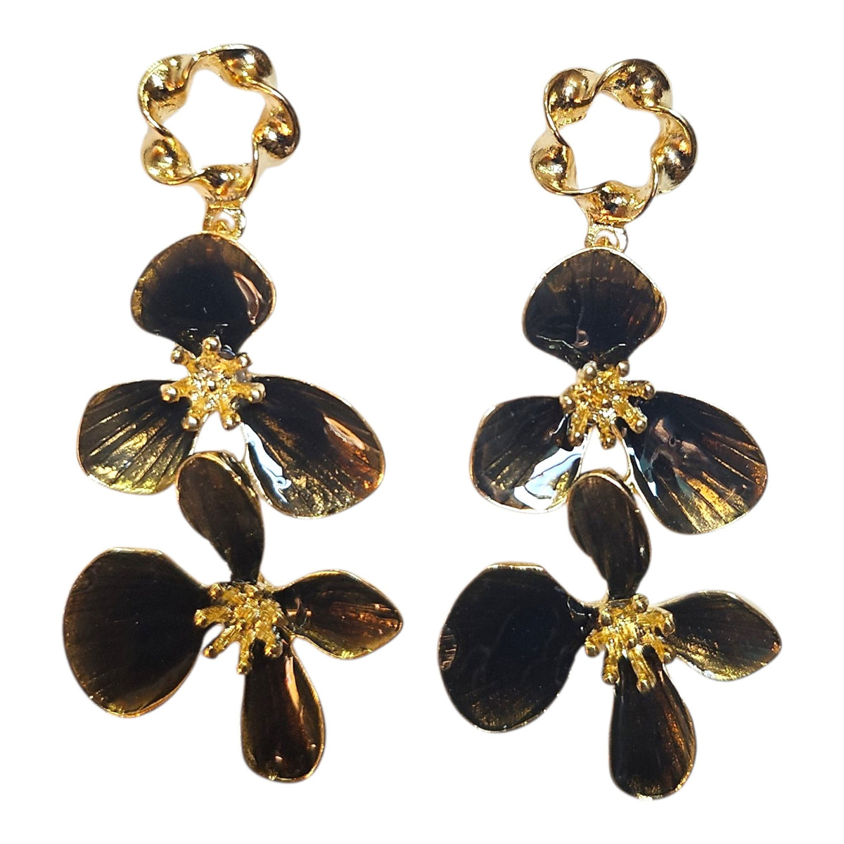 Double Floral Metal/Enamel Earring Set (Charcoal)