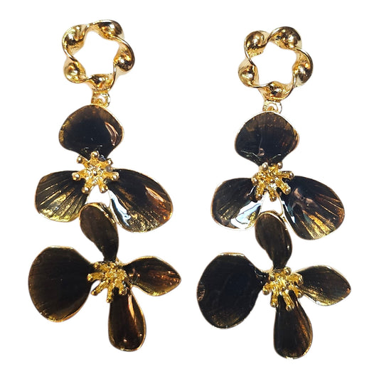Double Floral Metal/Enamel Earring Set (Charcoal)