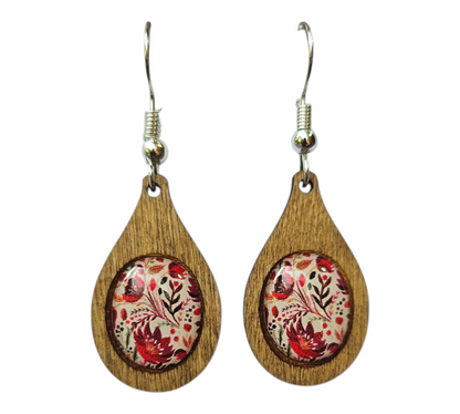 RED POSY/TEARDROP WOOD FRAME EARRINGS (In Wooden Gift Box)