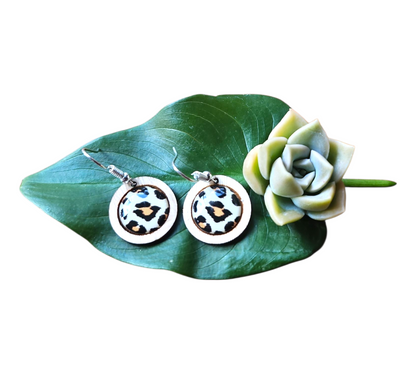 LEOPARD/ROUND WOOD FRAME EARRINGS (In Wooden Gift Box)