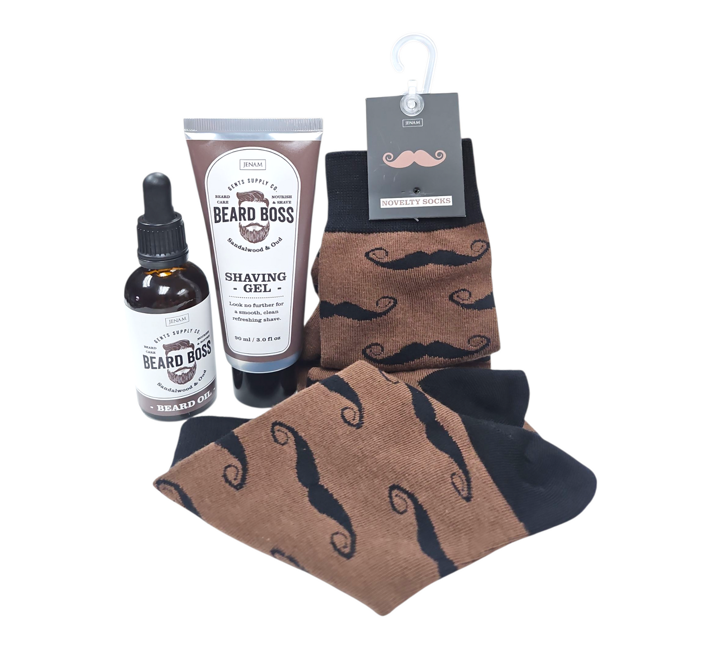 'MOUSTACHE' SOCKS, SHAVING GEL and BEARD OIL TRIO