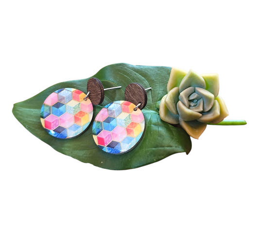 RAINBOW CUBES/WOOD ROUND EARRINGS (In Wooden Gift Box)