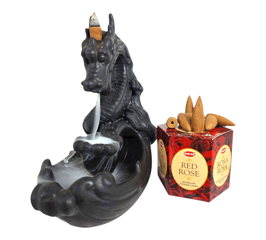 DRAGON Backflow Incense Burner+RED ROSE Backflow Incense Cones