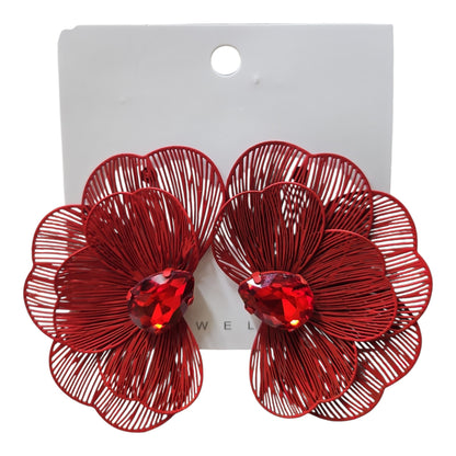 Trendy Floral Light Metal Earring Set (Red) — view 3
