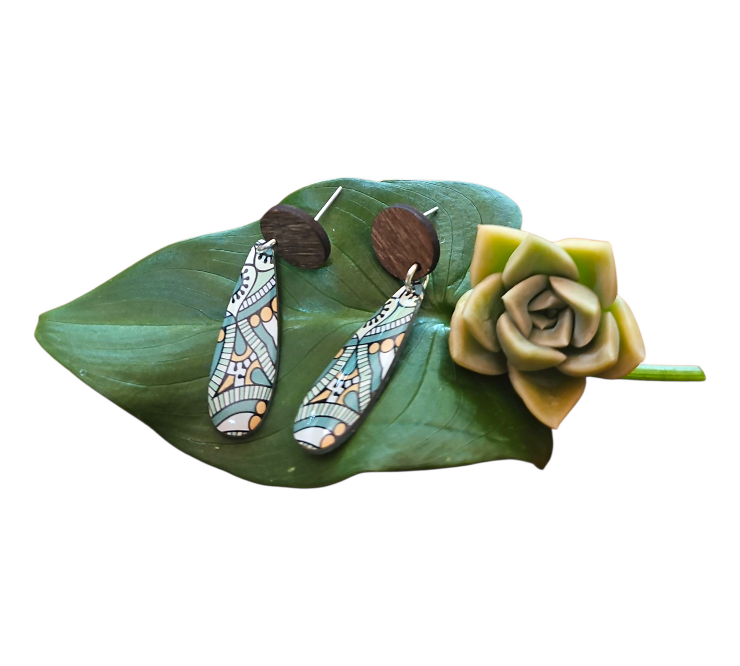 TRIBAL GREEN/WOOD SLIM DROP EARRINGS (In Wooden Gift Box)