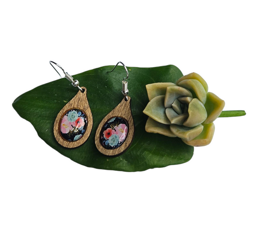 BLOOMS SERENADE/TEARDROP WOOD FRAME EARRINGS (In Wooden Gift Box)