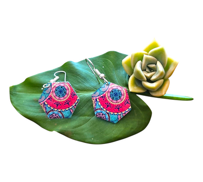 TRENDY PINK & BLUE HEXAGON EARRINGS (In Wooden Gift Box)