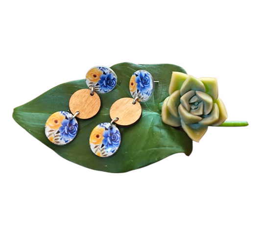 FLORAL/WOOD TRIO DROP EARRINGS (In Wooden Gift Box)