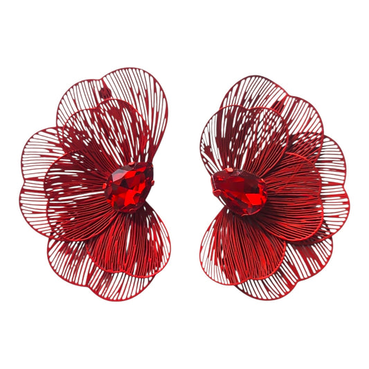 Trendy Floral Light Metal Earring Set (Red)