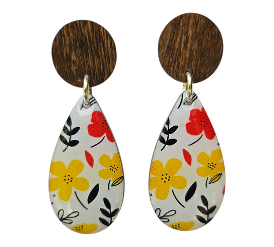BRIGHT BLOOMS/WOOD TEARDROP EARRINGS (In Wooden Gift Box)
