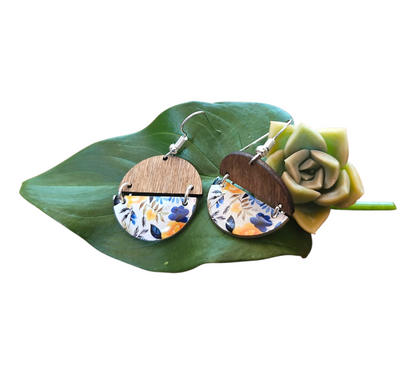 CHEERFUL FLORAL/WOOD HALF CIRCLES HINGED EARRINGS (In Wooden Gift Box)