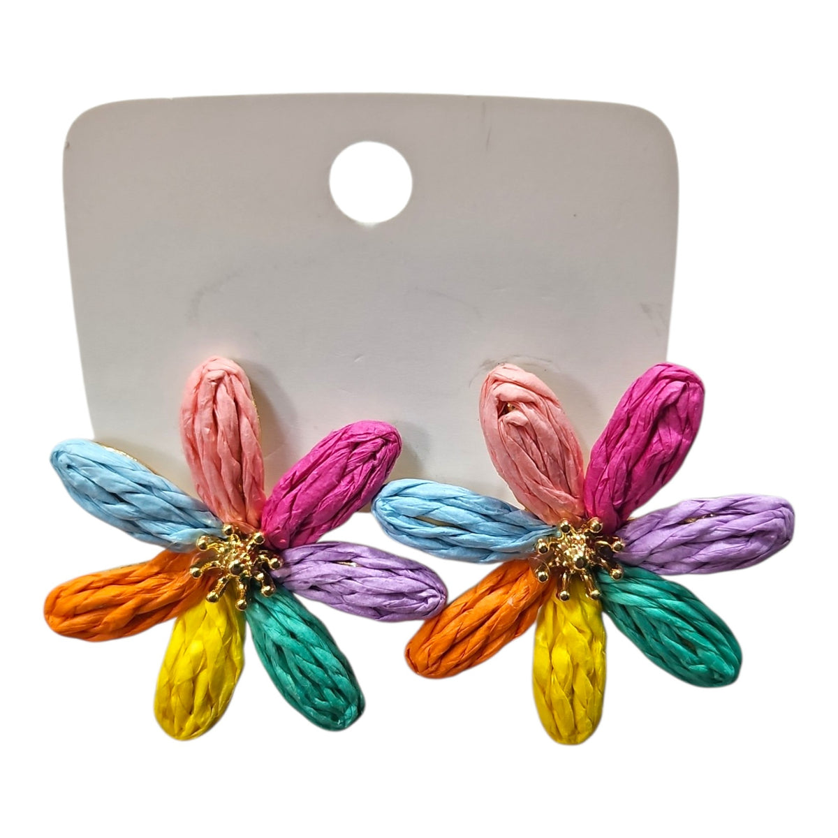 Colourful Woven Daisy with Metal Backing Earrings Set — view 4