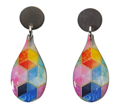RAINBOW CUBES/METAL TEARDROP EARRINGS (In Wooden Gift Box)