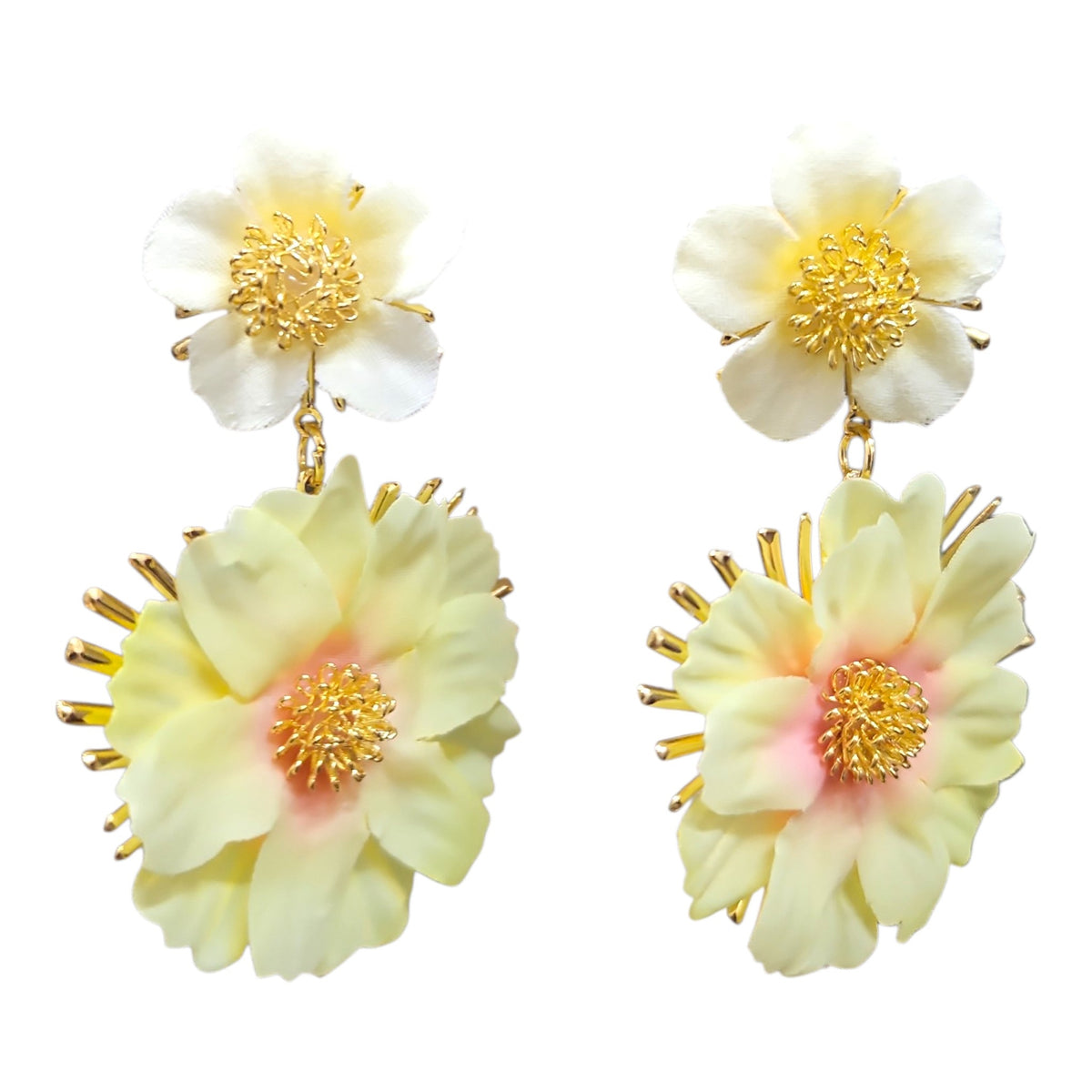 Double Daisy Hanging on Metal Backing Earring Set (Yellow)