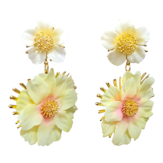 Double Daisy Hanging on Metal Backing Earring Set (Yellow)