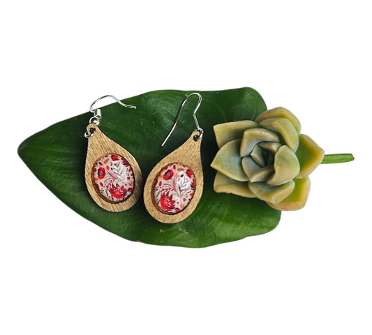 RED POSY/TEARDROP WOOD FRAME EARRINGS (In Wooden Gift Box)