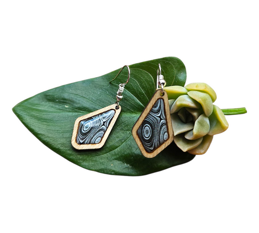 BLACK FANTASY/DIAMOND WOOD FRAME EARRINGS (In Wooden Gift Box)