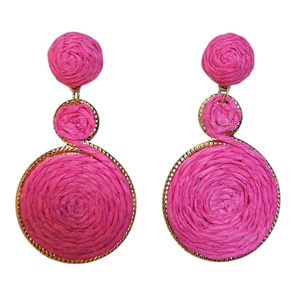 Woven Hanging Triple Loop on Metal Base Earrings Set (Pink) — view 2