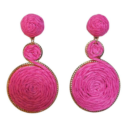 Woven Hanging Triple Loop on Metal Base Earrings Set (Pink)