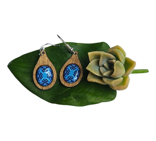 BLUE MOSAIC/TEARDROP WOOD FRAME EARRINGS (In Wooden Gift Box)