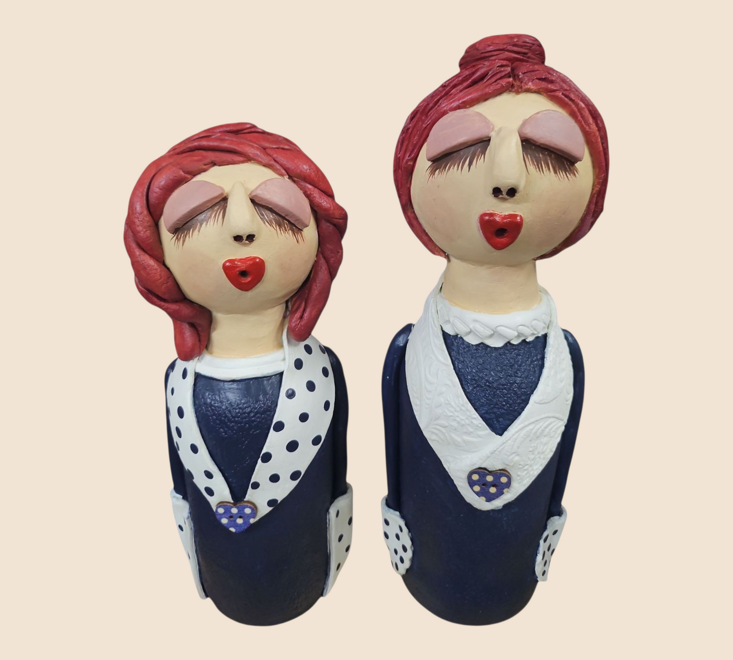 Handcrafted Clay Figurine Set 'Polka Dot Divas'