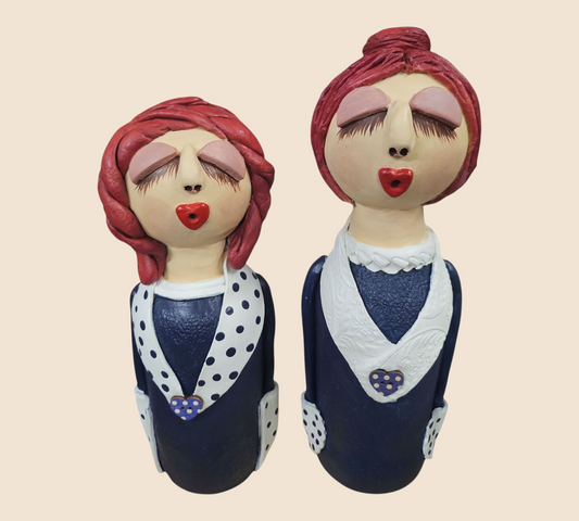 Handcrafted Clay Figurine Set 'Polka Dot Divas'