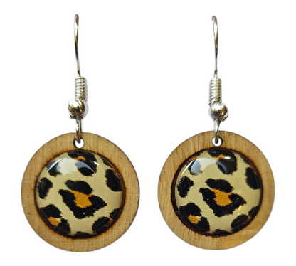 LEOPARD/ROUND WOOD FRAME EARRINGS (In Wooden Gift Box)