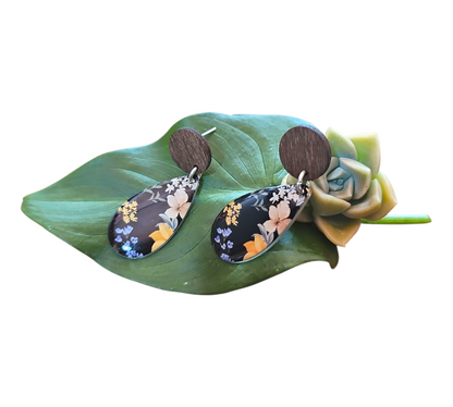 MIDNIGHT BLOOM/WOOD TEARDROP EARRINGS (In Wooden Gift Box)