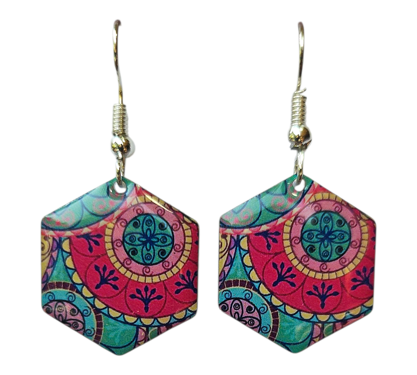 TRENDY PINK & BLUE HEXAGON EARRINGS (In Wooden Gift Box)