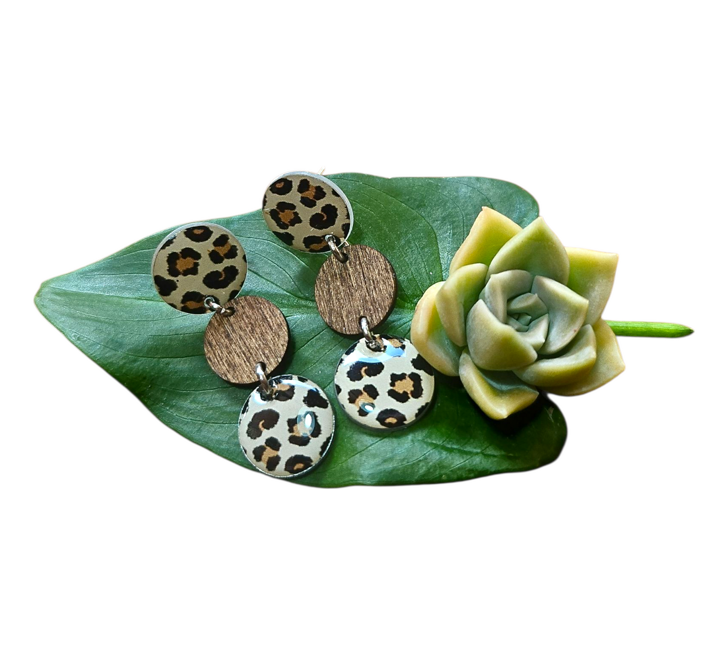 LEOPARD PRINT/WOOD TRIO DROP EARRINGS (In Wooden Gift Box)