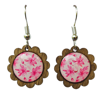 PINK BLOSSOM/SCALLOPED WOOD FRAME EARRINGS (In Wooden Gift Box)