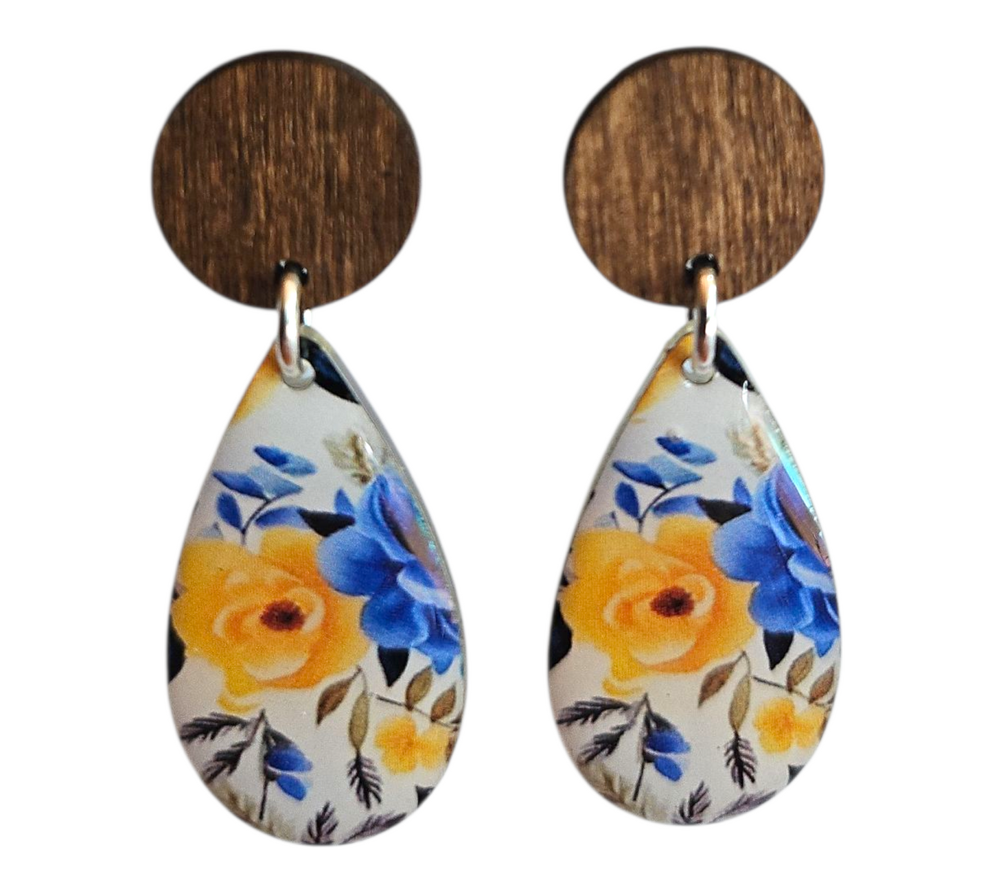 CHEERFUL FLORAL/WOOD TEARDROP EARRINGS (In Wooden Gift Box)