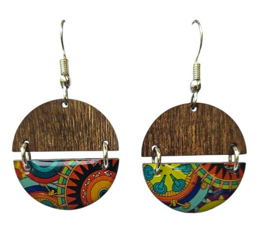 BOHO SUNRISE/WOOD HALF CIRCLES HINGED EARRINGS (In Wooden Gift Box)