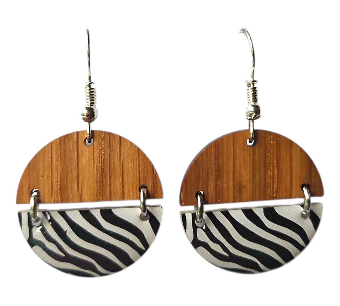 ZEBRA/WOOD HALF CIRCLES HINGED EARRINGS (In Wooden Gift Box)