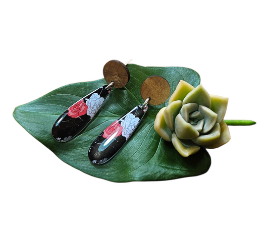 WHITE & RED ROSE/WOOD SLIM DROP EARRINGS (In Wooden Gift Box)