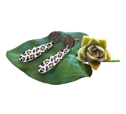 LEOPARD PRINT/WOOD SLIM DROP EARRINGS (In Wooden Gift Box)