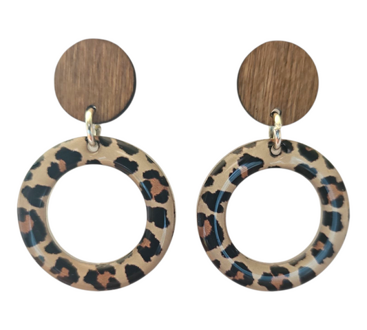 LEOPARD PRINT/WOOD ROUND RINGS EARRINGS (In Wooden Gift Box)