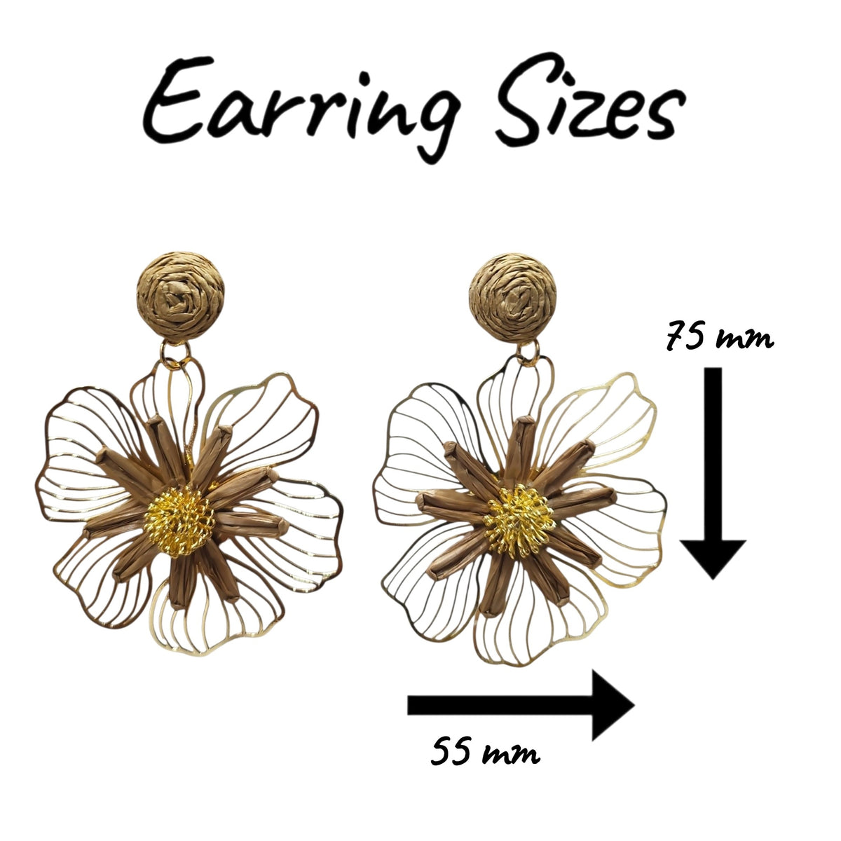 Woven Daisy on Metal Floral Backing Hanging Earrings Set (Brown) — view 3